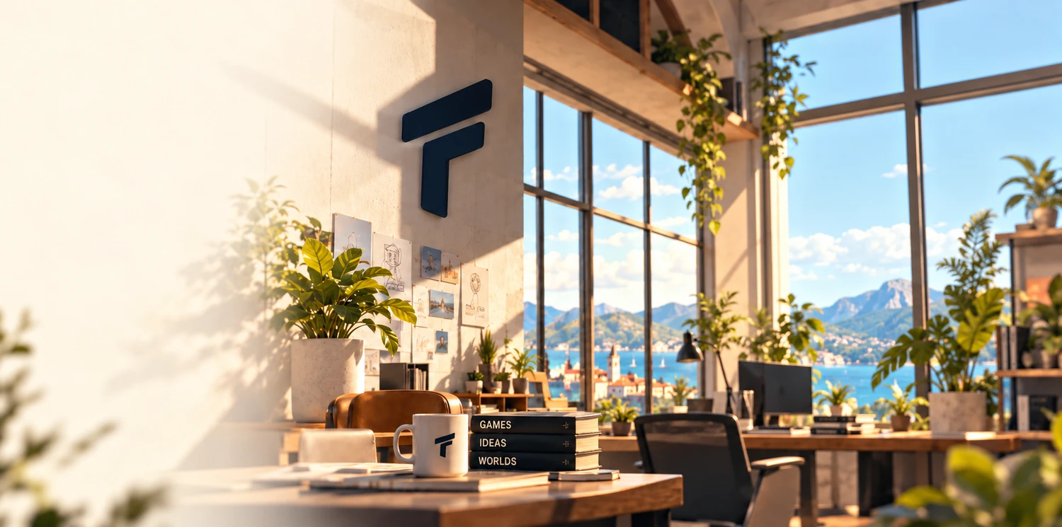 A sunlit Tukar studio, with a navy wall symbol, sketch-covered walls, plants, a logo mug, and books overlooking the sea.