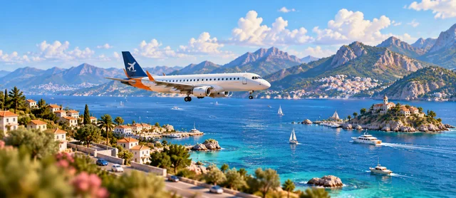 A regional plane flying over the bright blue coastal bay.