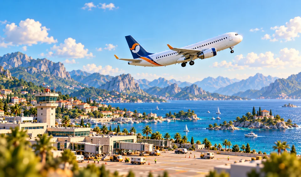 A passenger jet flying above a coastline.