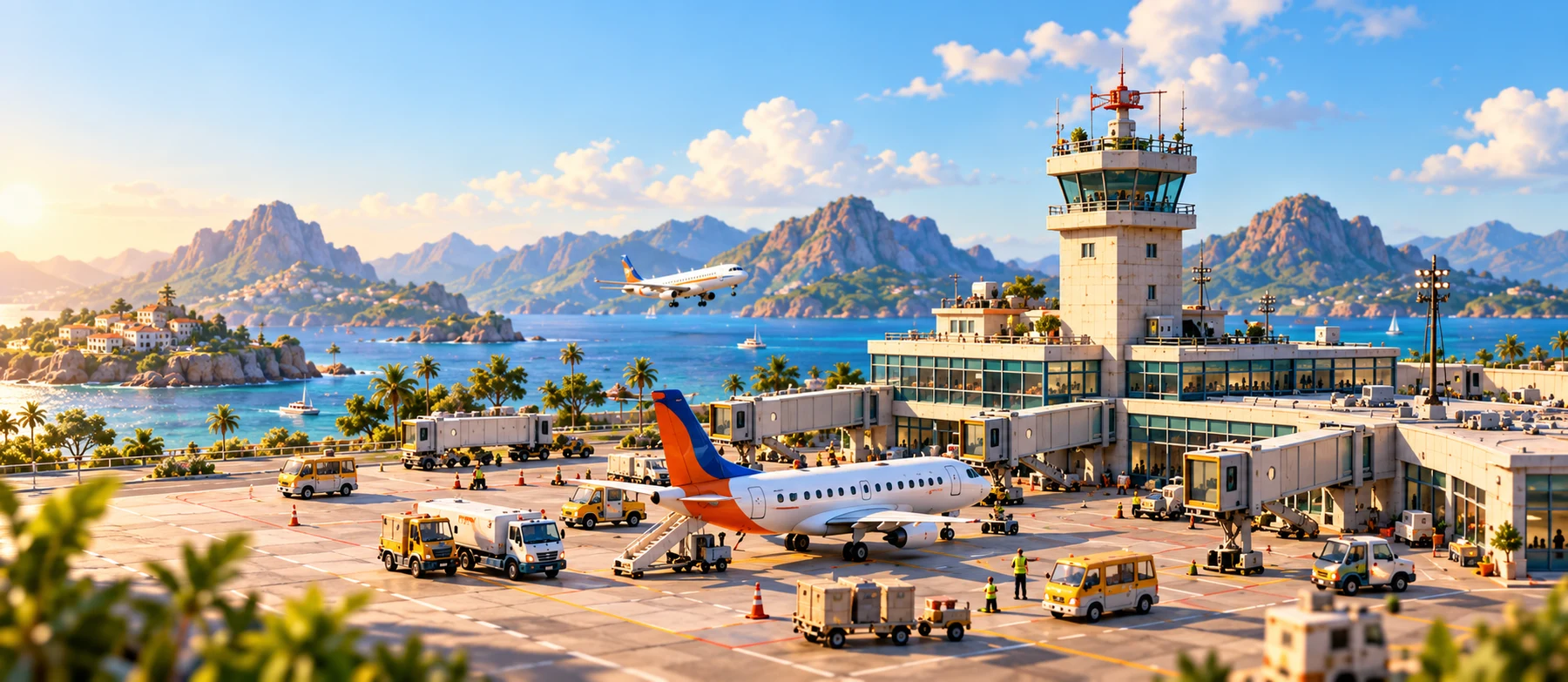 A miniature coastal airport with a busy apron, control tower, regional planes and mountains across the bay.