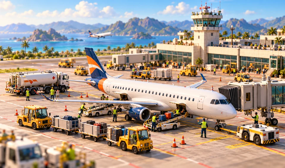 Ground crews and service vehicles preparing an aircraft.
