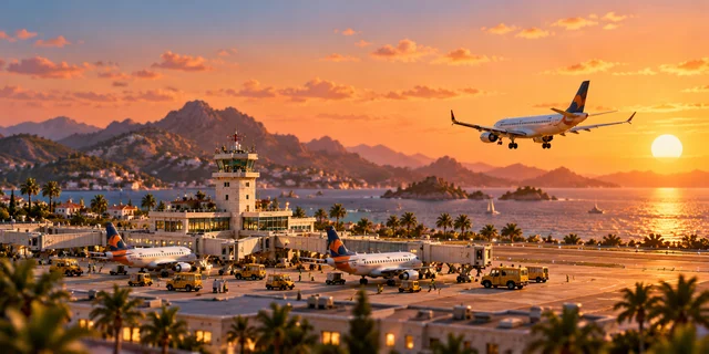 A plane coming in to land at sunset.