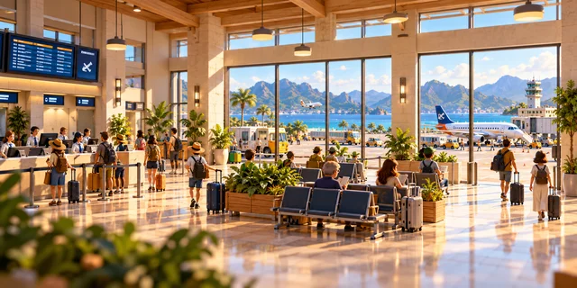 Passengers and airport staff inside the sunlit terminal.