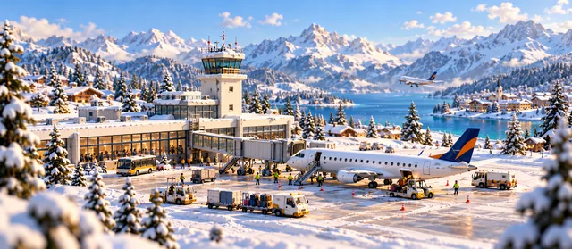 A snowy airport with a regional plane on the apron.